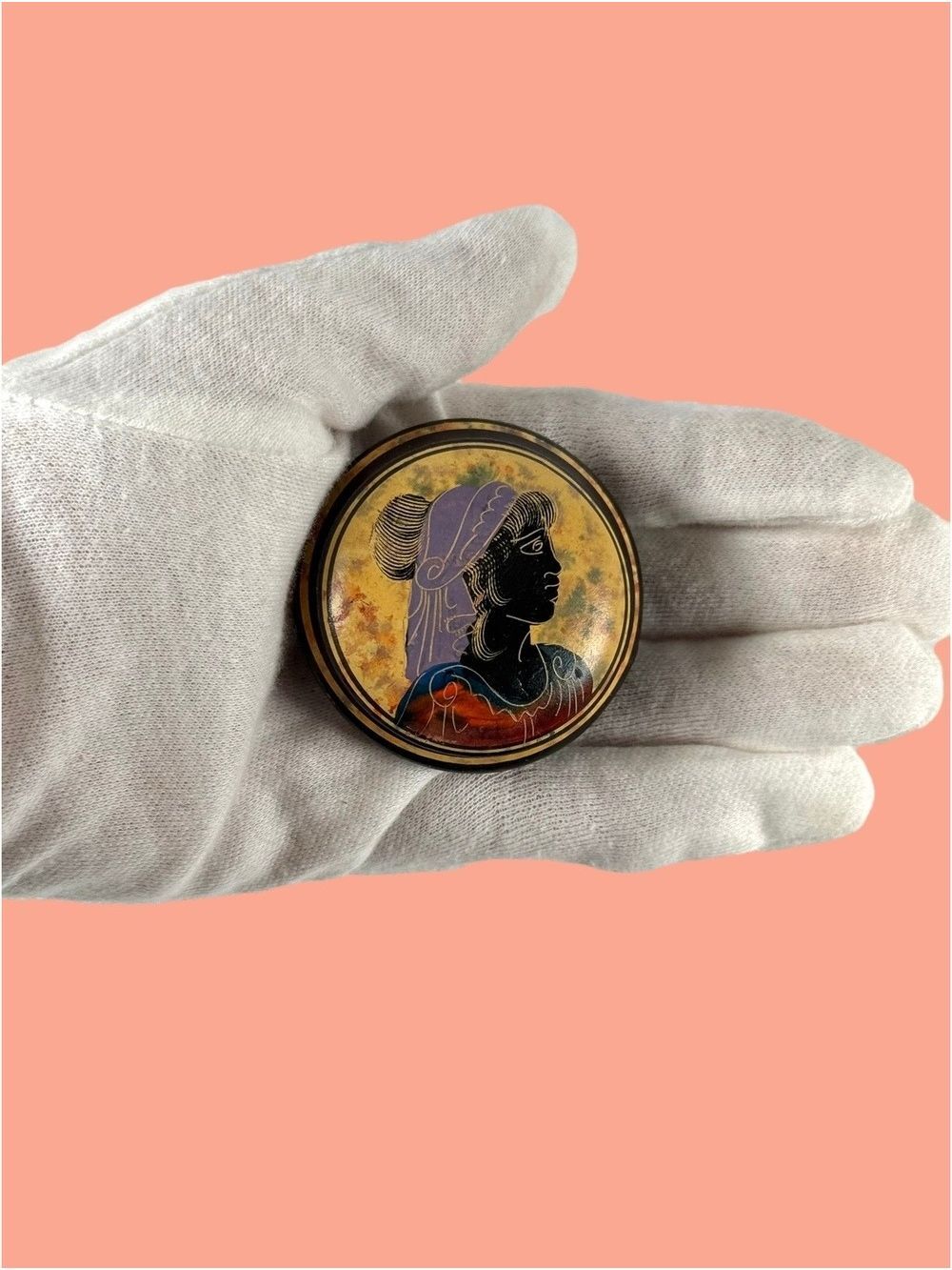 Vintage Handcrafted Terracotta Pyxis Trinket Box Athena Warrior Greek Mythology